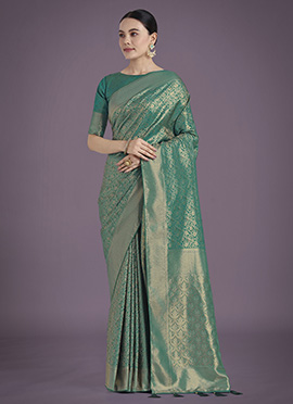Teal Banarasi Silk Zari Woven Saree