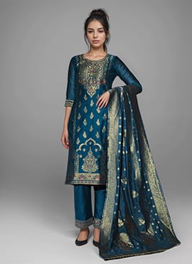 Teal Banarasi Zari Jacquard Silk Straight Pant Suit
