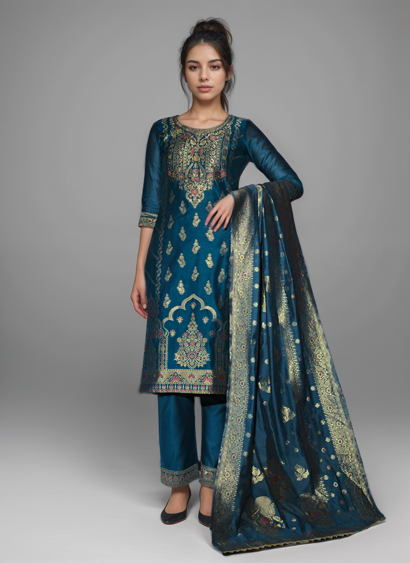 Teal Banarasi Zari Jacquard Silk Straight Pant Suit Festive Wear