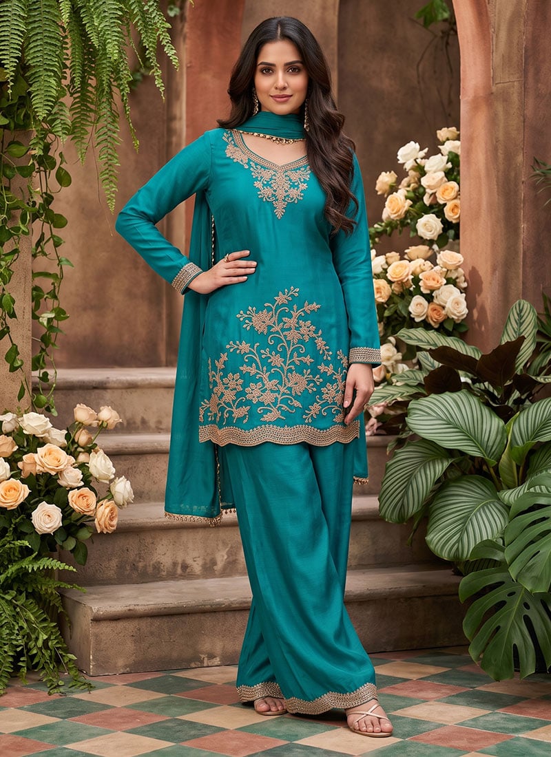 Teal Beaded Embroidered Chinon Palazzo Suit After Six Wear
