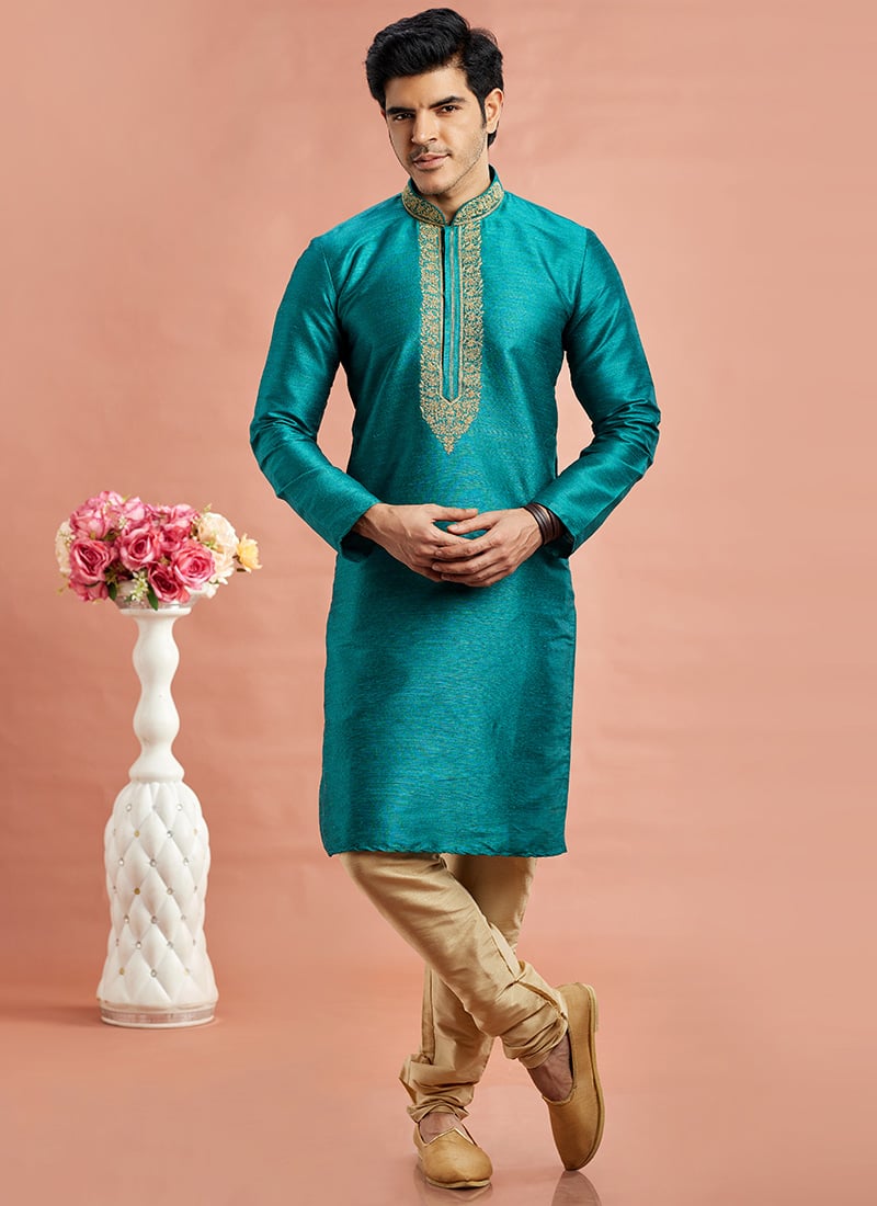 Teal Benarasi Silk Thread Embroidered Kurta Pyjama Festive Wear