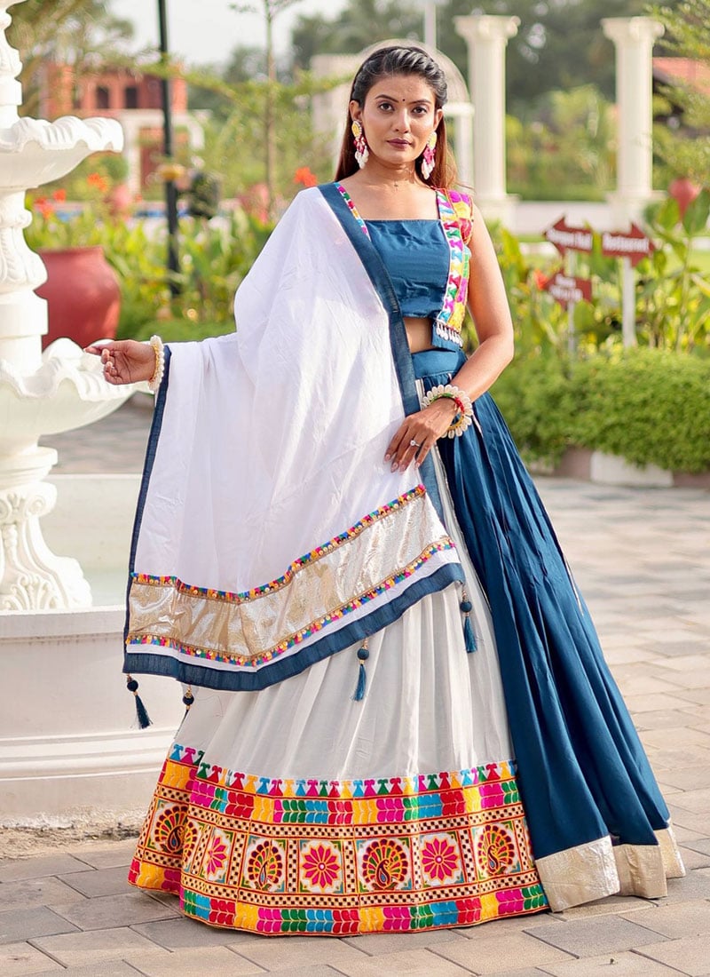 Teal Blended Cotton Kutch Work Chaniya Choli With White Dupatta Festive Wear