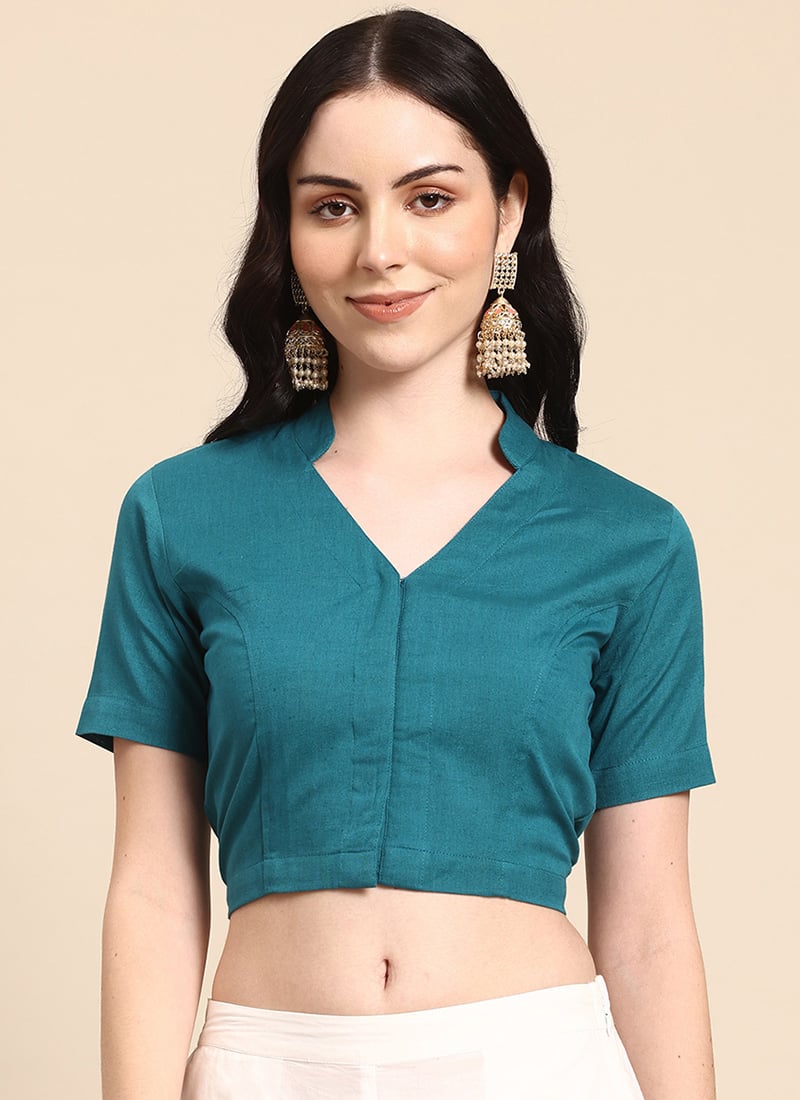 Teal Blended Cotton Thread Embroidered Blouse After Six Wear