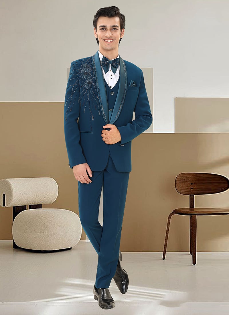 Teal Blue Armani Satin Silk Beads Hand Embroidered Suit Wedding Wear
