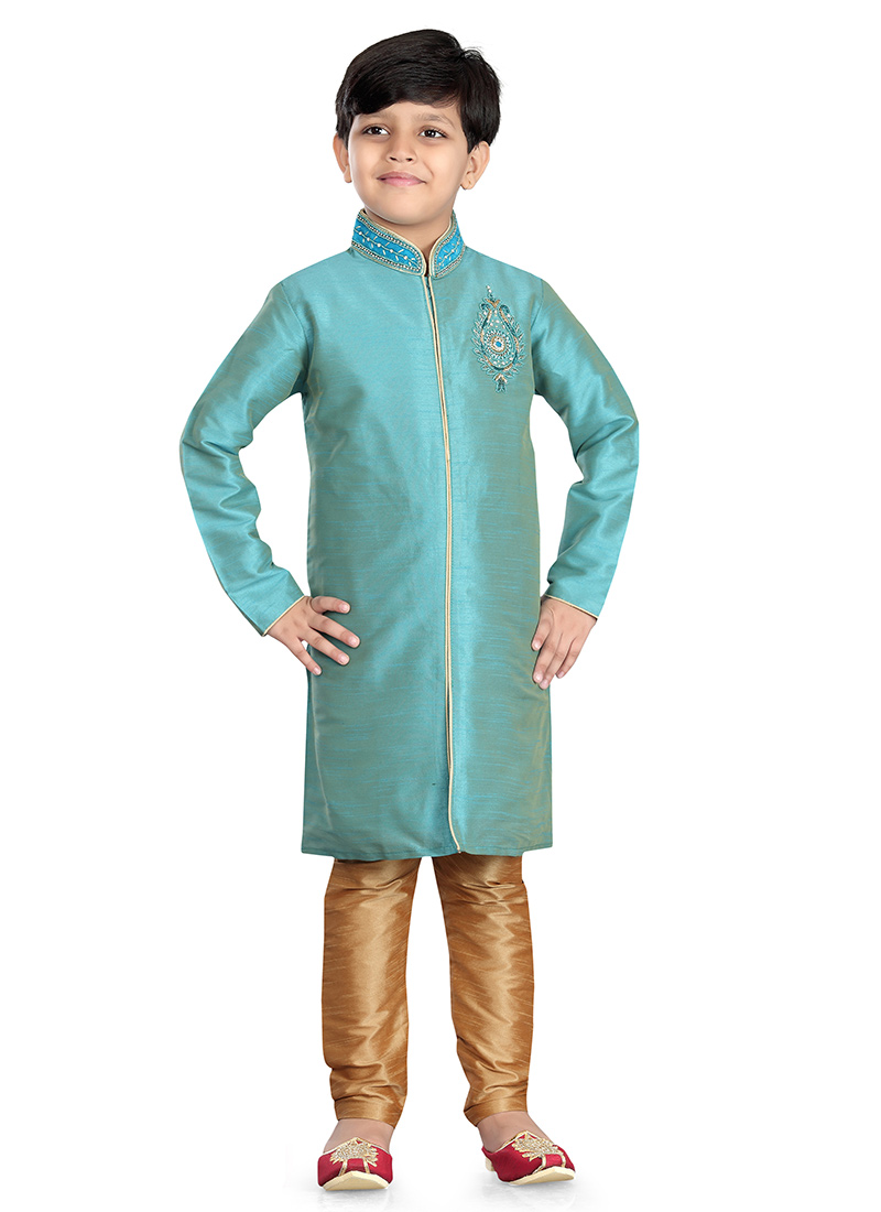 Teal Blue Art Dupion Silk Kids Kurta Pyjama