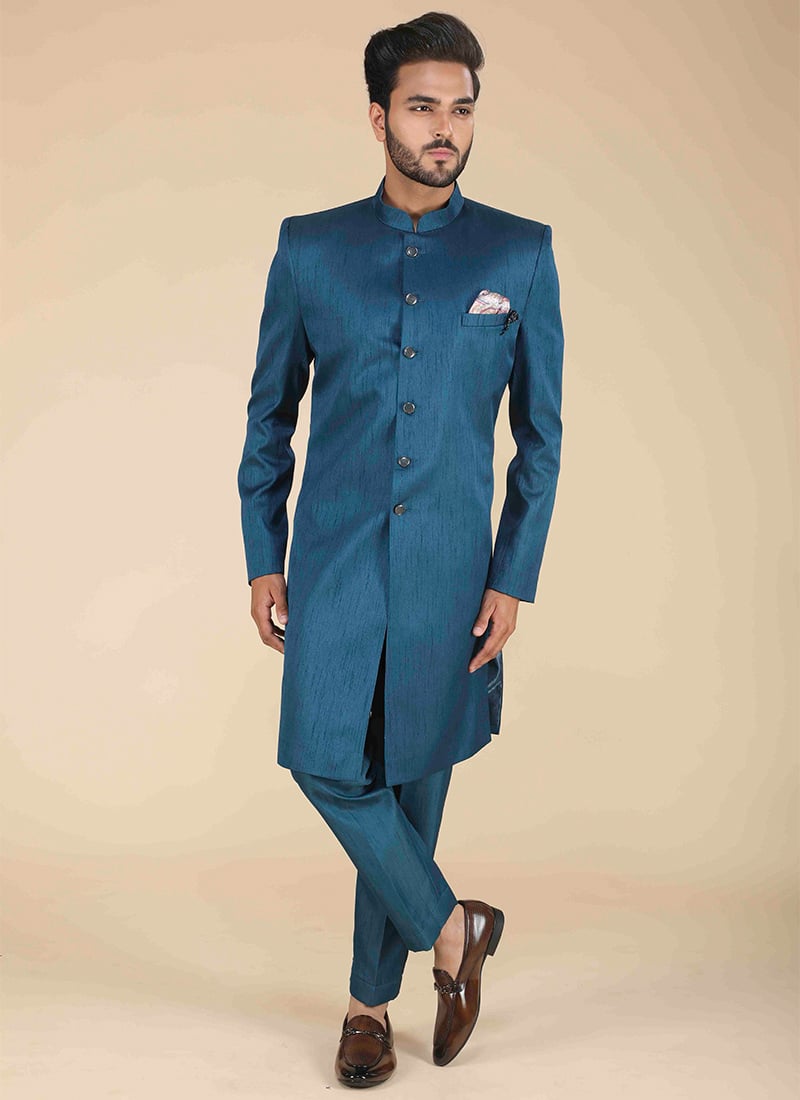 Teal Blue Art Silk Classic Sherwani Party Wear