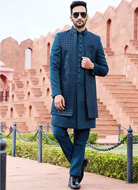 Teal Blue Art Silk Embroidered Indowestern Sherwani