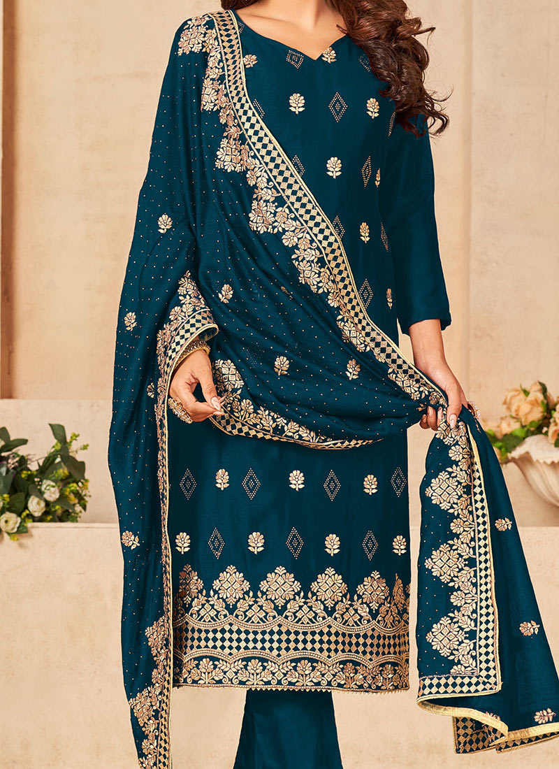 Blue Poly Silk Pant Suit
