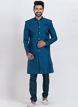 Teal Blue Banarasi Dupion Silk Classic Sherwani