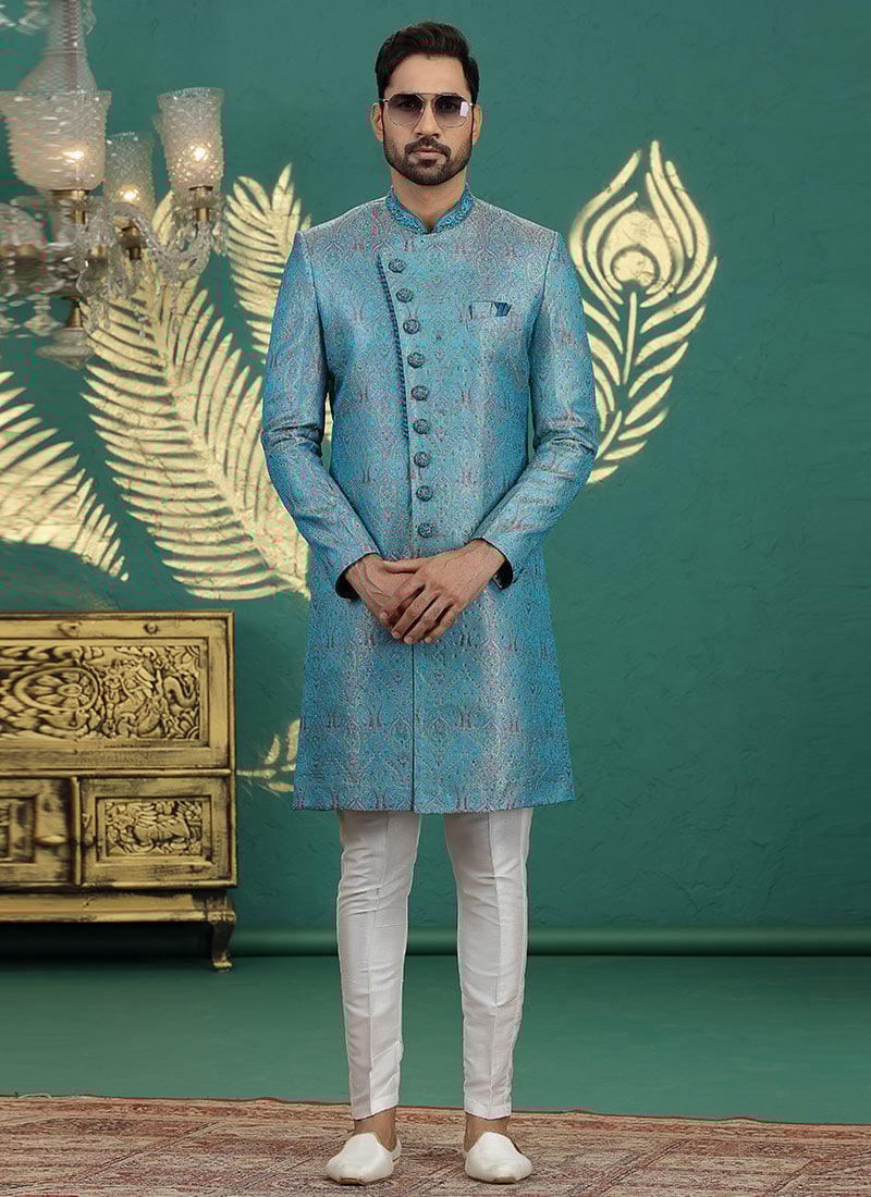 Teal Blue Banarasi Jacquard Jacquard Embroidered Stones Hand Embroidered Indowestern Sherwani