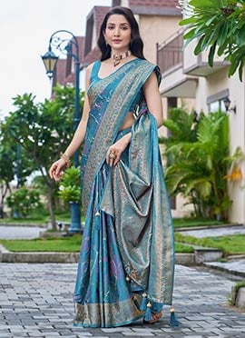 Teal Blue Banarasi Satin Silk Jacquard Woven Saree