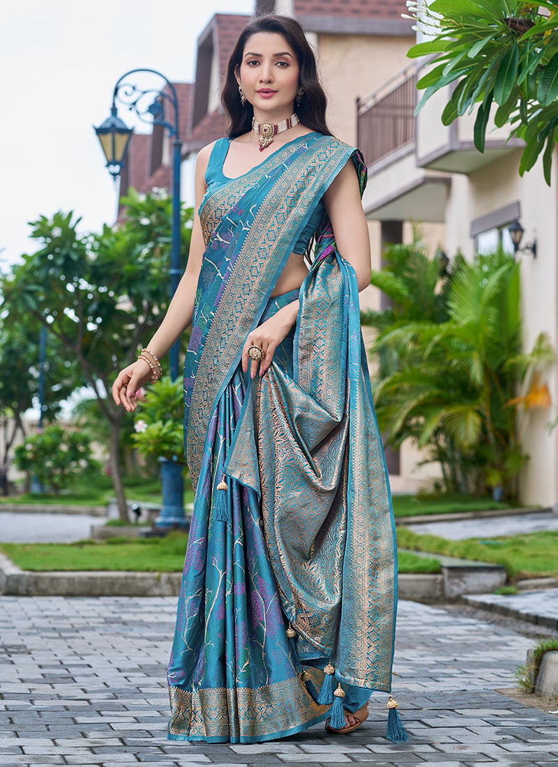 Teal Blue Banarasi Satin Silk Jacquard Woven Saree Festive Wear