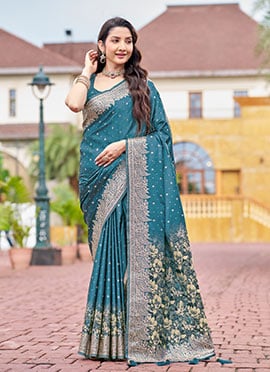 Teal Blue Banarasi Satin Silk Jacquard Woven Saree With Zari Border