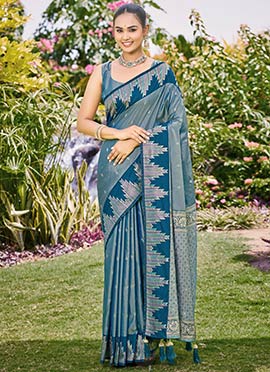 Teal Blue Banarasi Satin Silk Majestic Zari Woven Saree