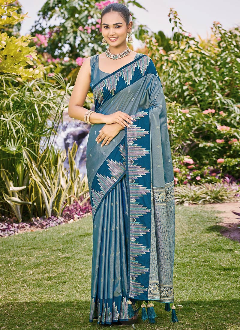 Teal Blue Banarasi Satin Silk Majestic Zari Woven Saree Festive Wear