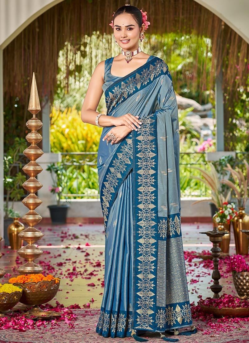 Teal Blue Banarasi Satin Silk Majestic Zari Woven Saree Festive Wear