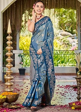 Teal Blue Banarasi Satin Silk Majestic Zari Woven Saree