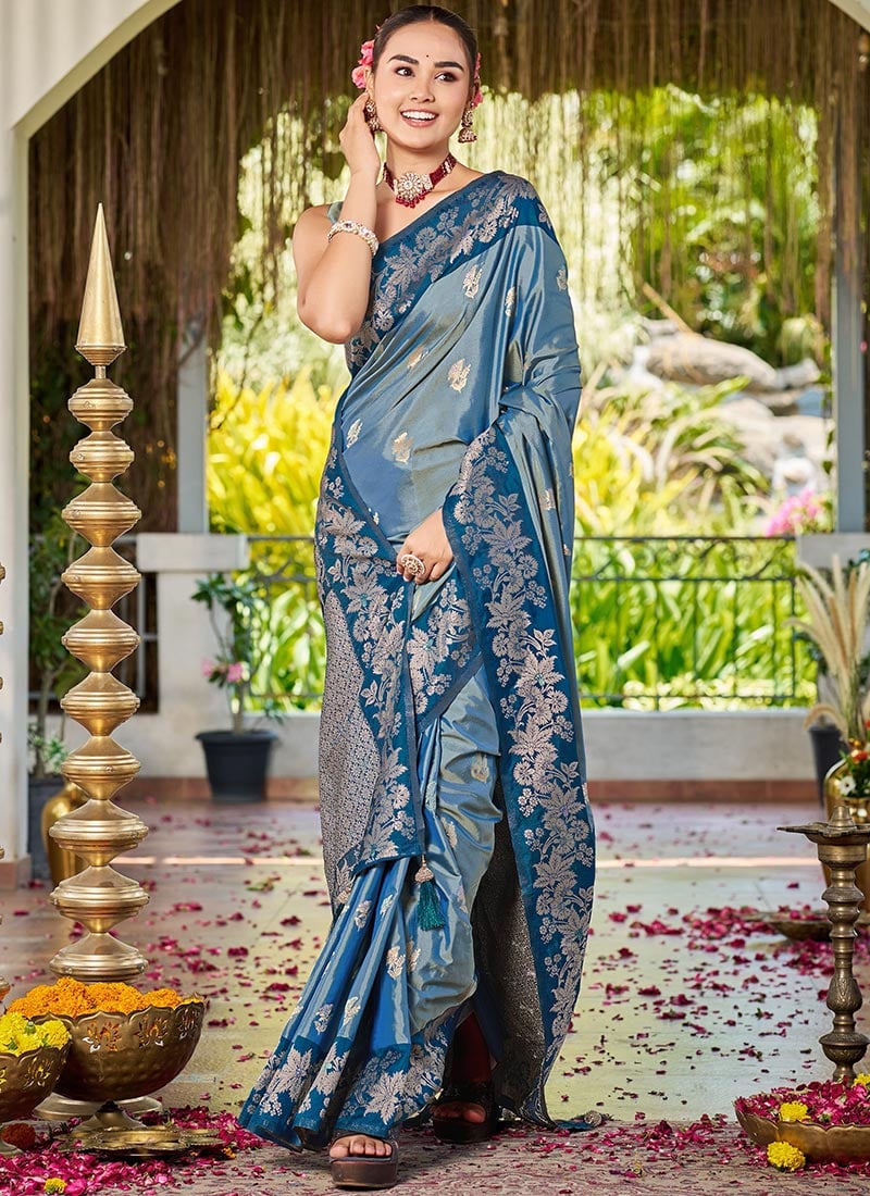 Teal Blue Banarasi Satin Silk Majestic Zari Woven Saree Festive Wear