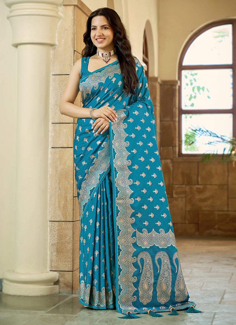 Teal Blue Banarasi Satin Silk Regal Zari Woven Saree Festive Wear