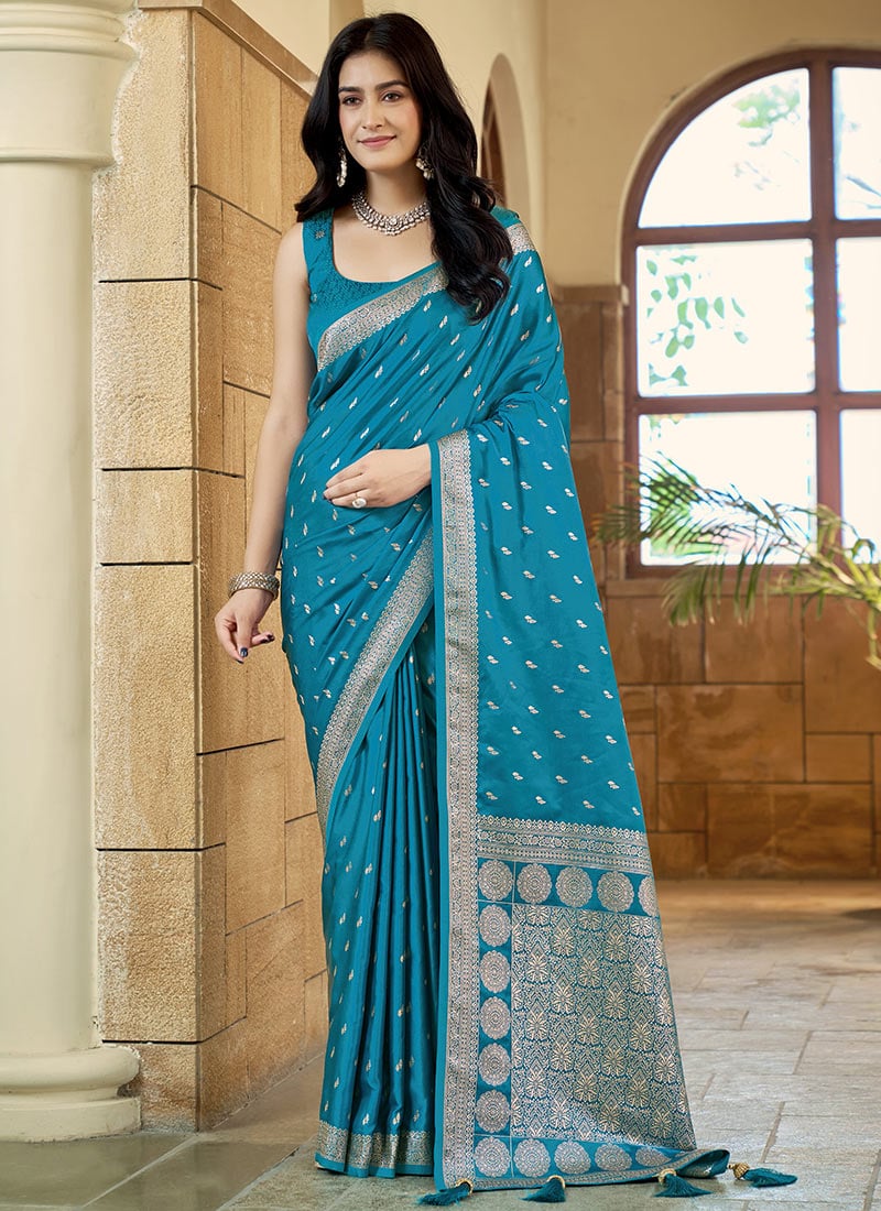 Teal Blue Banarasi Satin Silk Regal Zari Woven Saree Festive Wear