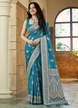 Teal Blue Banarasi Satin Silk Regal Zari Woven Saree