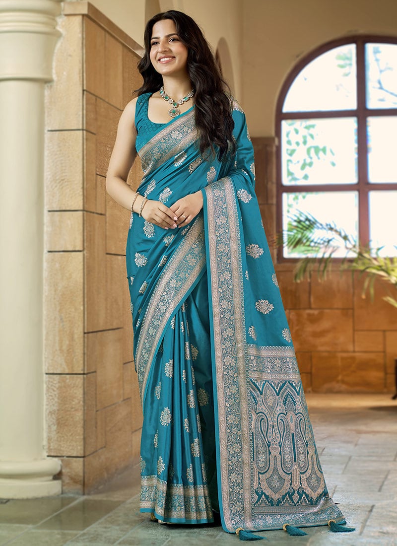 Teal Blue Banarasi Satin Silk Regal Zari Woven Saree Festive Wear