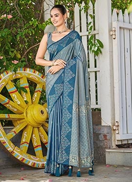 Teal Blue Banarasi Satin Silk Regal Zari Woven Saree