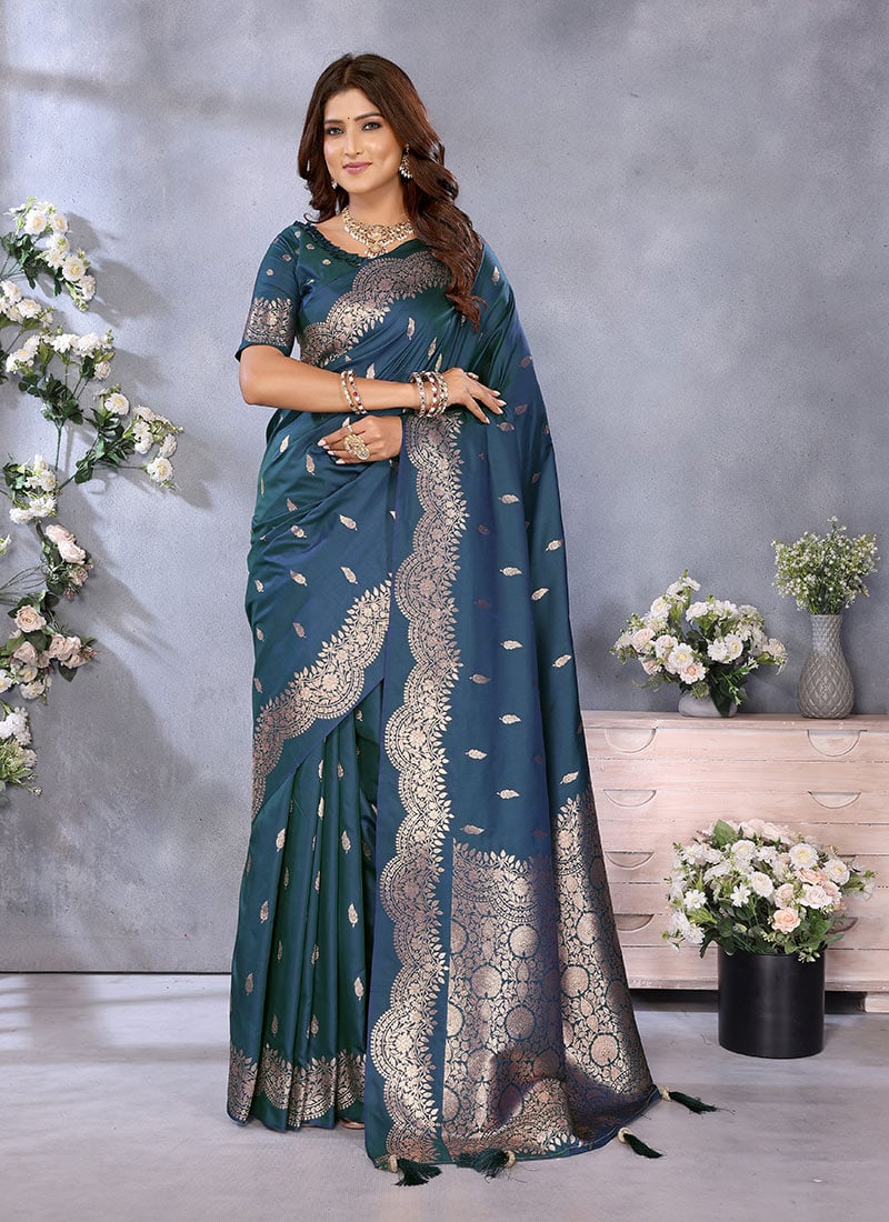 Teal Blue Banarasi Silk Jacquard Zari Saree
