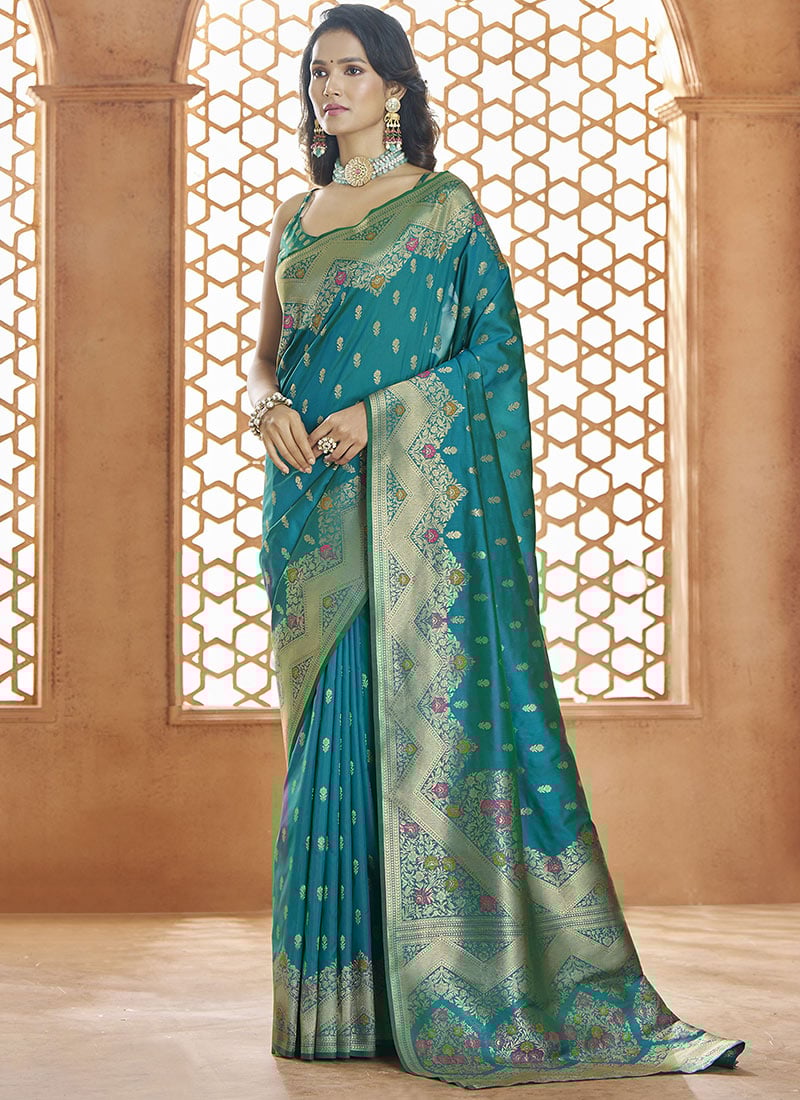 Teal Blue Banarasi Silk Zari Work Saree Festive Wear