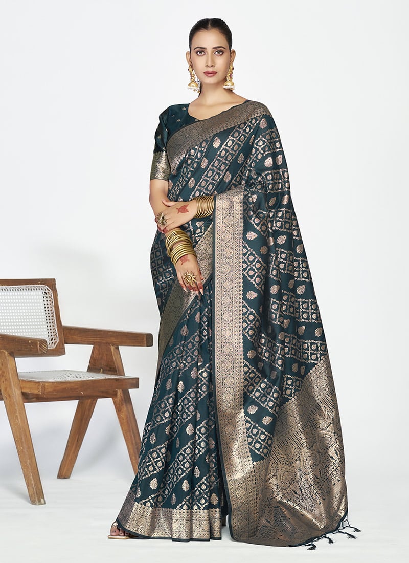 Teal Blue Banarasi Silk Zari Woven Regal Saree Festive Wear