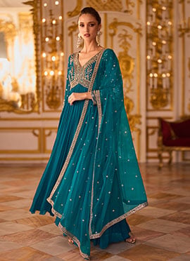 Teal Blue Beads Sequins Embroidered Faux Georgette Anarkali Suit