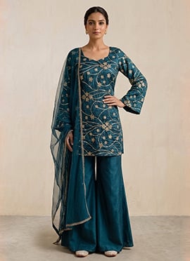Teal Blue Bell Sleeve Silk Zari Sequins Sharara Suit