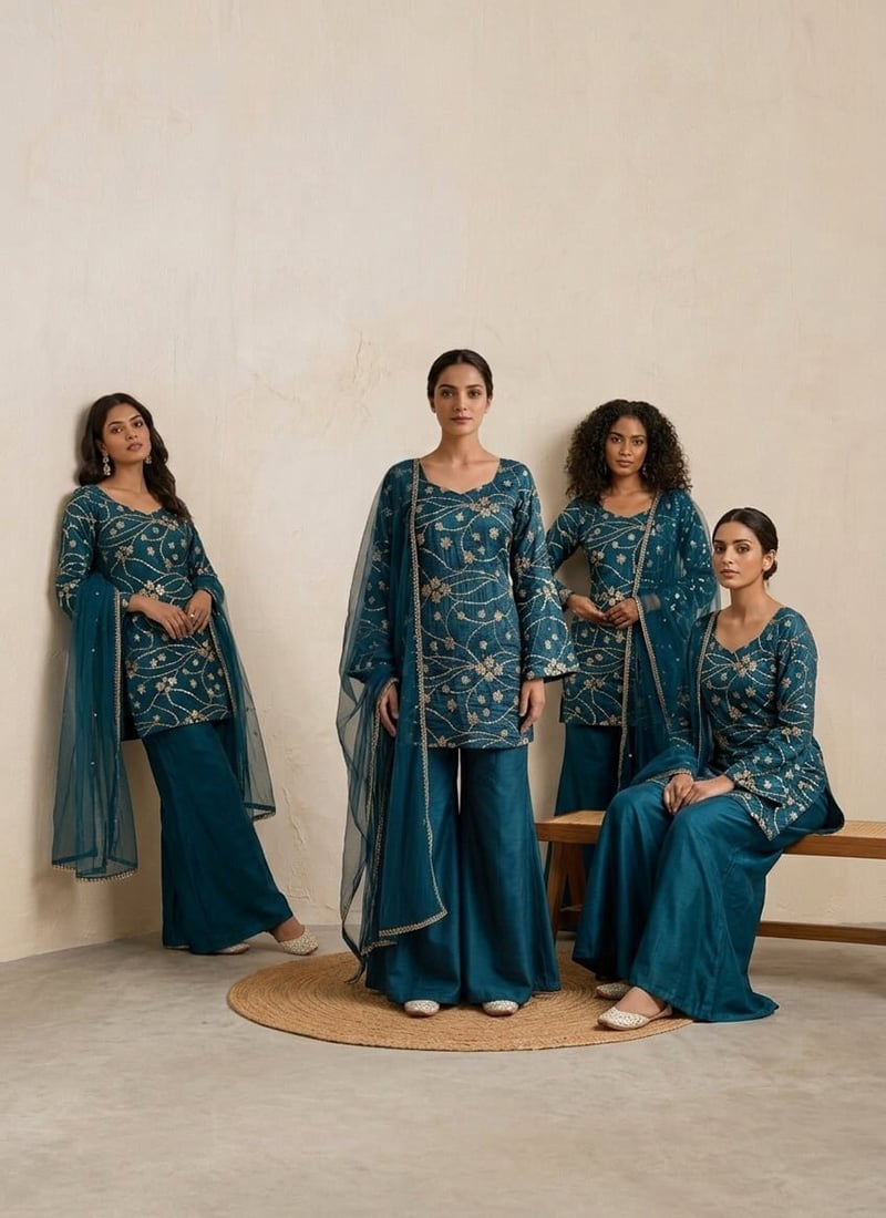 Teal Blue Bell Sleeve Silk Zari Sequins Sharara Suit After Six Wear