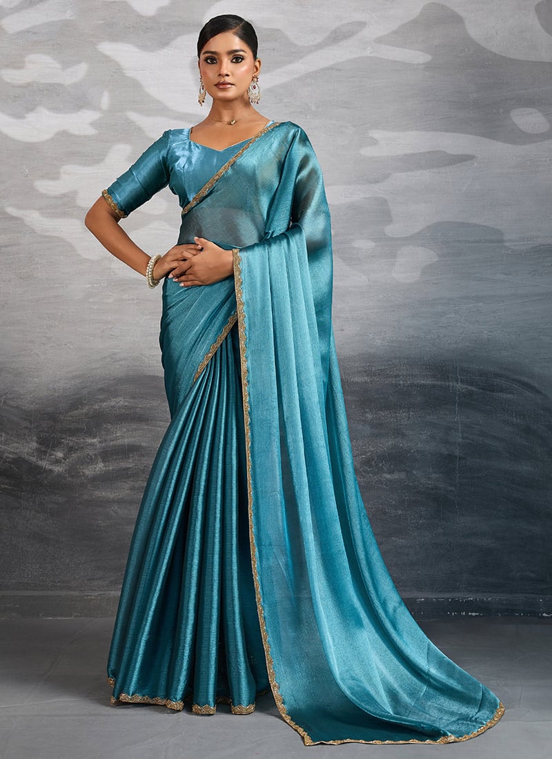 Teal Blue Burberry Chiffon Plain Saree With Beads Cutdana Applique Lace Work After Six Wear
