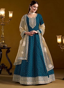 Teal Blue Chanderi Gota Embroidered Sequins A Line Anarkali Suit