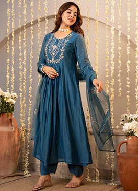 Teal Blue Chanderi Silk Embroidered Sequin Anarkali Suit