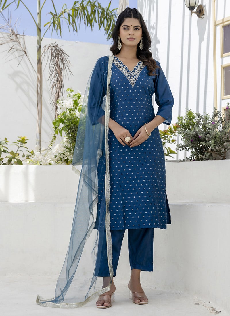 Teal Blue Chanderi Silk Embroidered Sequins Straight Pant Suit After Six Wear
