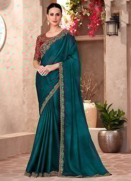 Teal Blue Chiffon Embroidered Sequins Cut Work Saree