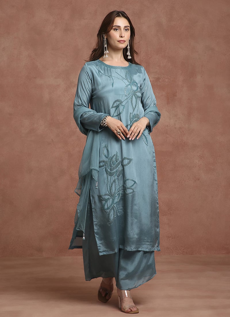Teal Blue Chiffon Georgette Embroidered Palazzo Suit