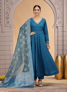 Teal Blue Chiffon Sequins Beads Straight Pant Suit