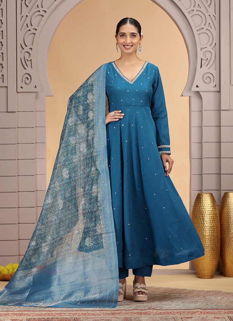 Teal Blue Chiffon Sequins Beads Straight Pant Suit Festive Wear