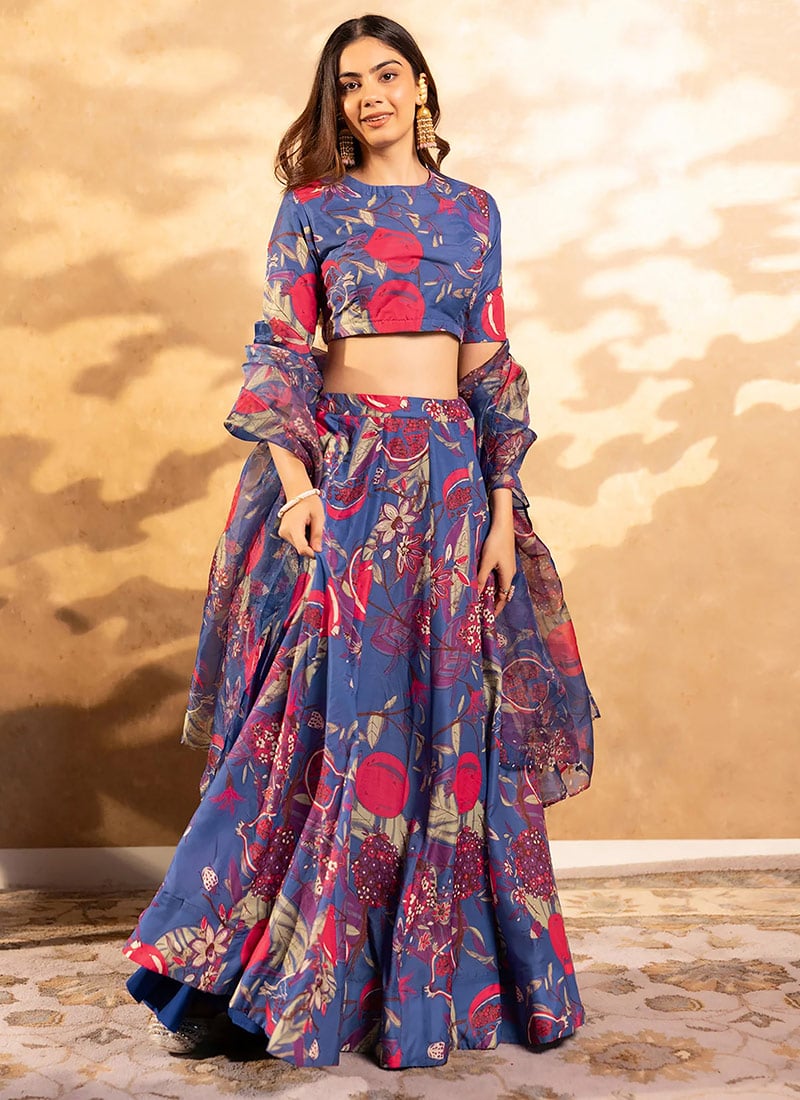 Blue Chinon Digital Floral Print Lehenga