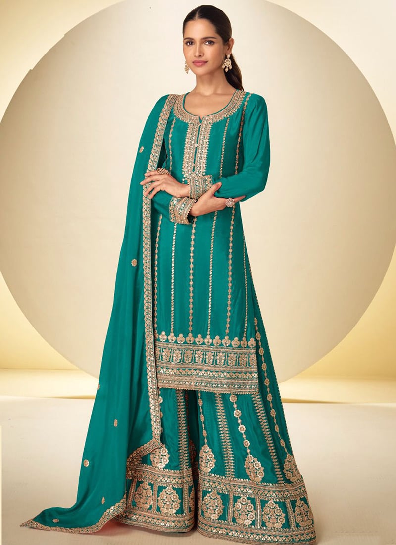 Teal Blue Chinon Embroidered Sequins Palazzo Suit Festive Wear