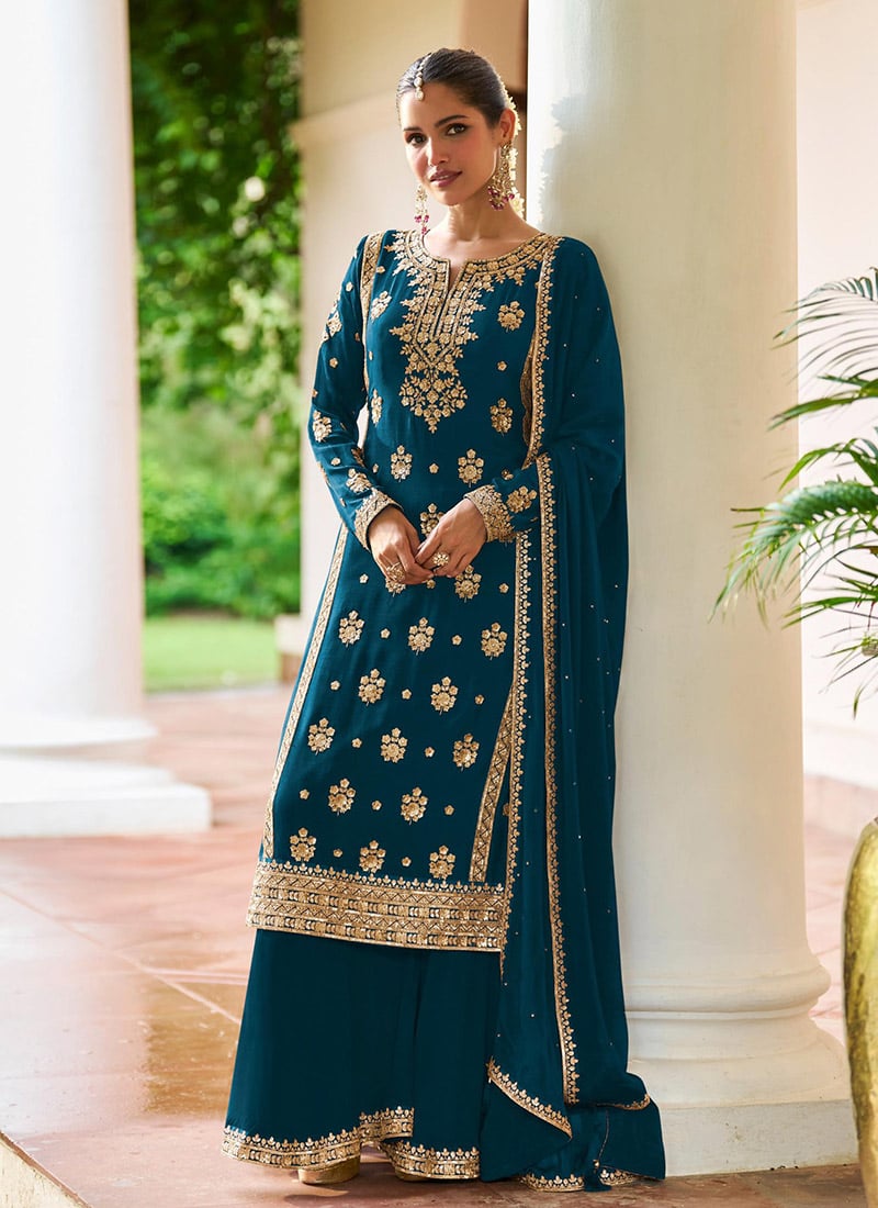 Teal Blue Chinon Embroidered Sequins Palazzo Suit Festive Wear
