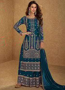 Teal Blue Chinon Embroidered Sequins Palazzo Suit