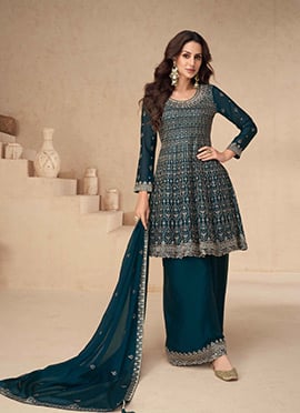 Teal Blue Chinon Silk Embroidered Sequins A Line Palazzo Suit