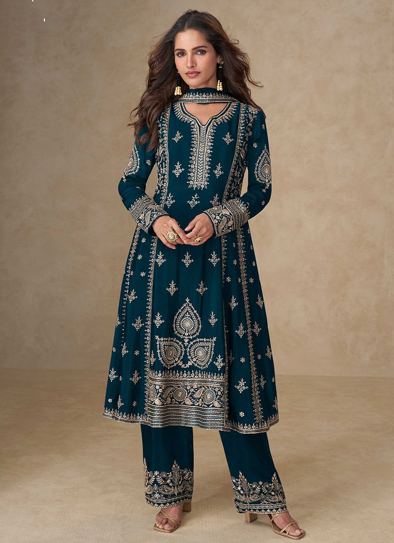 Teal Blue Chinon Silk Embroidered Sequins A Line Palazzo Suit Festive Wear