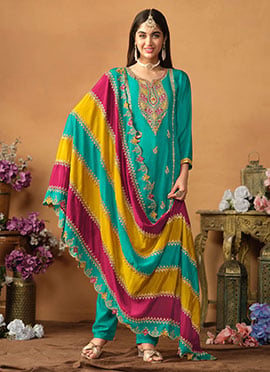Teal Blue Chinon Silk Embroidered Sequins Straight Pant Suit
