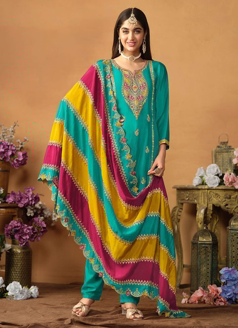 Teal Blue Chinon Silk Embroidered Sequins Straight Pant Suit Festive Wear