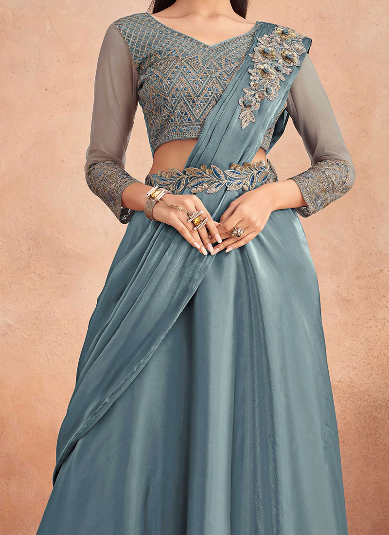 Teal Blue Silk Ready To Wear/Easy Saree